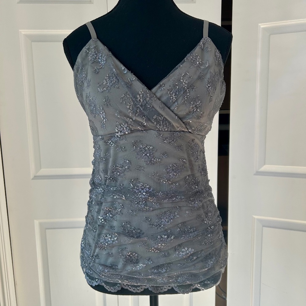 White House Black Market Grey Top with Silver Embroidery Size M